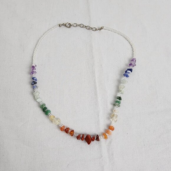 Chakra Rainbow Gemstone Chip Beaded Necklace Energy Healing Handmade - Picture 4 of 9